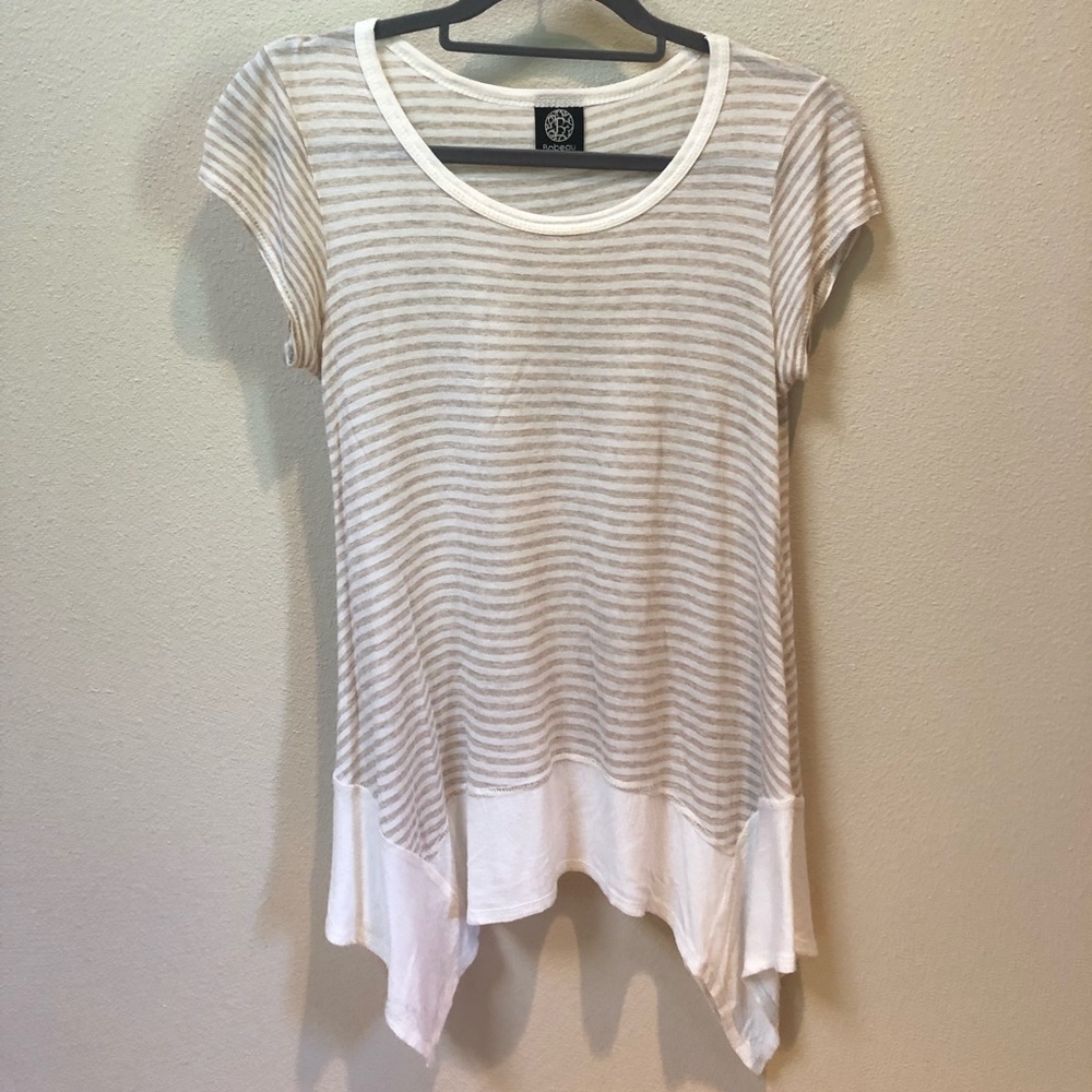 Bobeau Tan and White Striped Short Sleeve Top